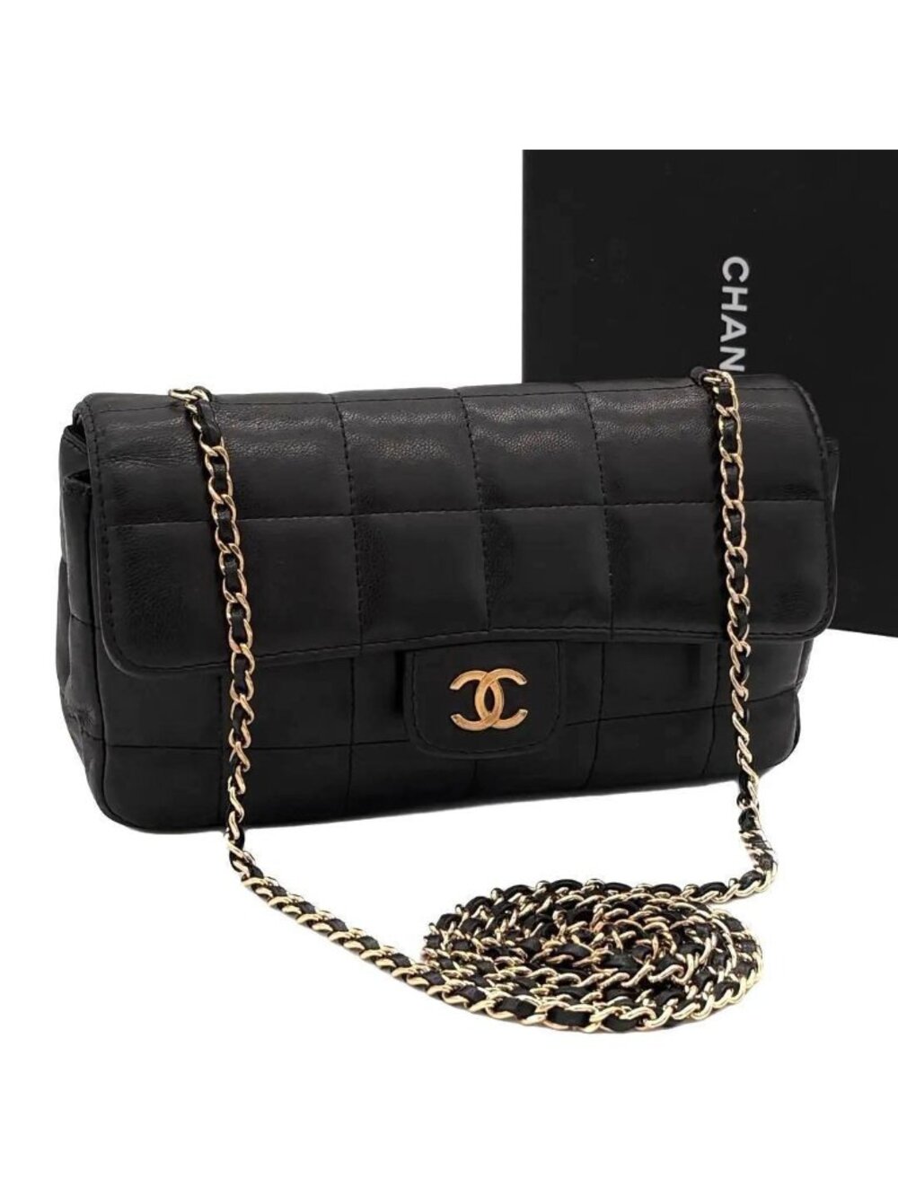 Chanel Choco Bar Lambskin Chain Shoulder Bag Black Gold